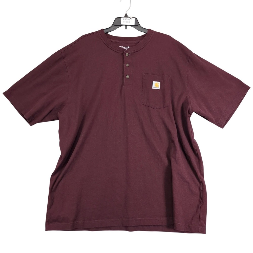 Carhartt Loose Fit Burgundy Henley T-Shirt‎ Mens 2XL Pocket Logo Workwear Cotton